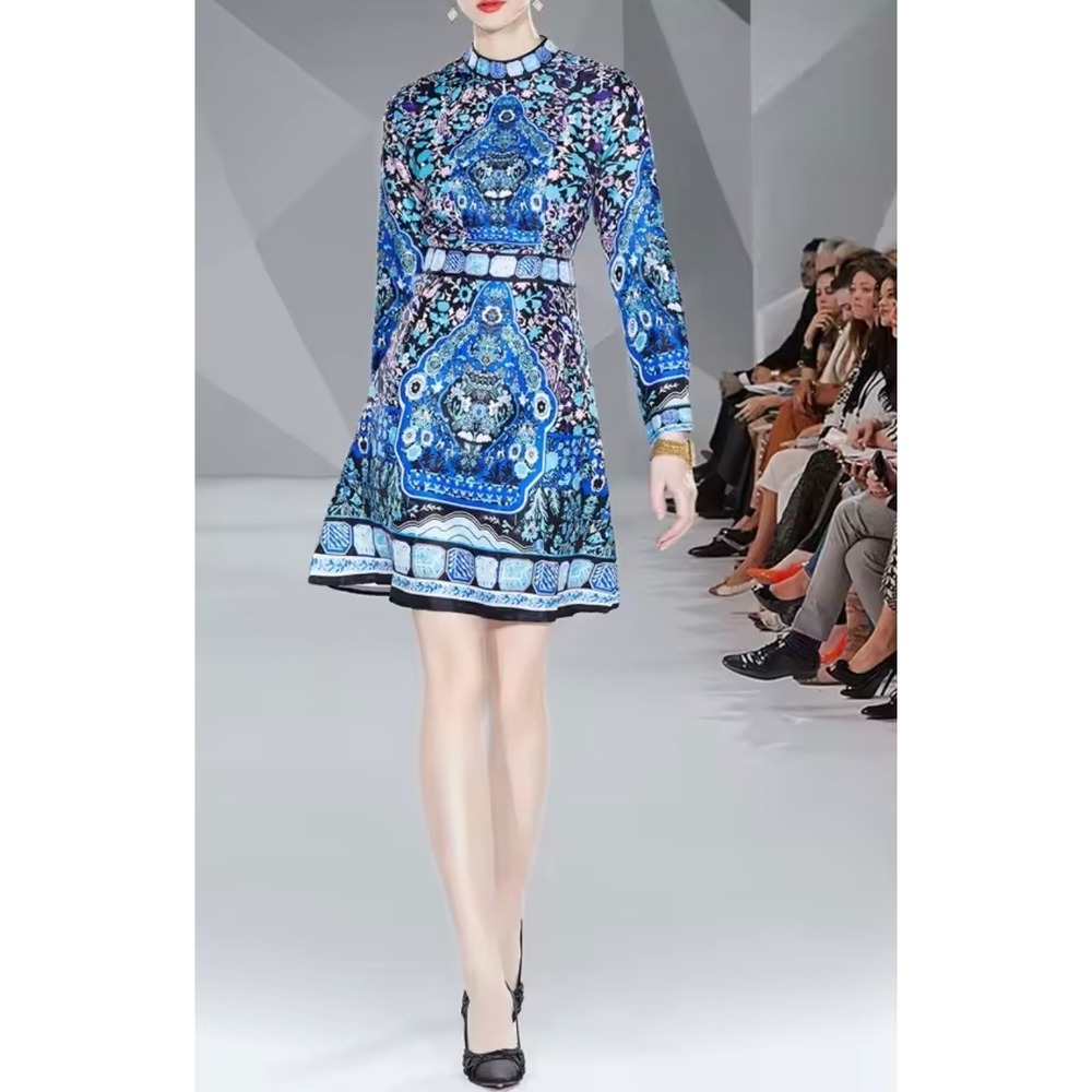 Dalia MacPhee Blue Medallion Mock Neck Long Sleeve A Line Mini Dress Sz L Modest